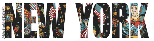 New York slogan. United States of America art. History and culture. Traditional USA patriotic concept. Old school tattoo vector style. Statue of liberty, eagle, flag, map