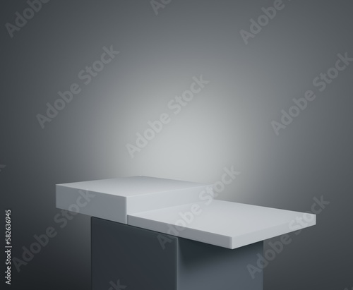 Empty black podium.3D display podium on gray background.Stand Minimal mockup for presentation.Abstract black background concept.Geometric platform show cosmetic product.Stage showcase.3D rendering © Phoemphon