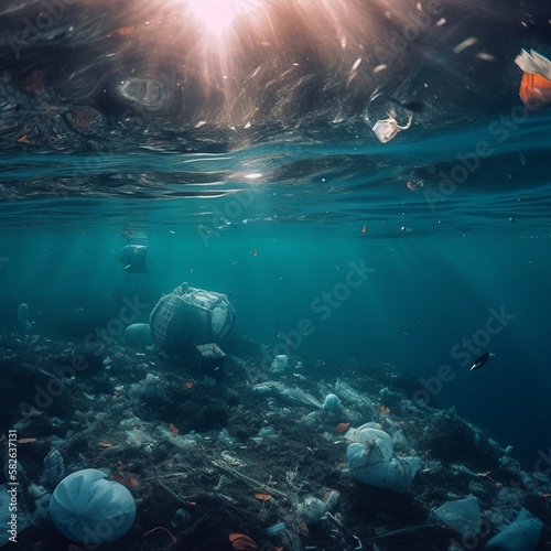 polluted ocean, rubbish in the sea, rubbish in the ocean, rubbish floating at sea, plastic sea pollution, generative ai.