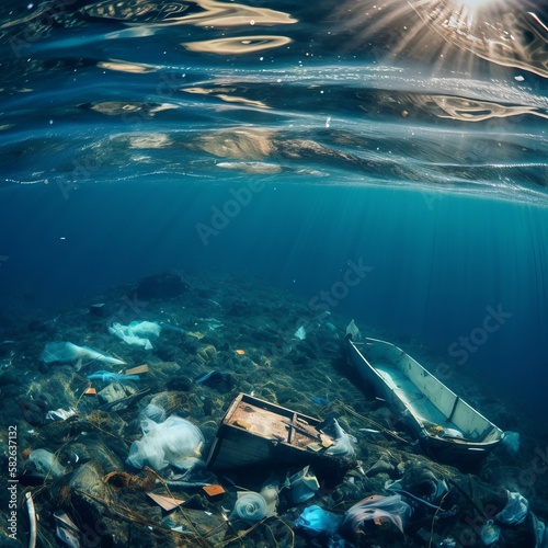 polluted ocean, rubbish in the sea, rubbish in the ocean, rubbish floating at sea, plastic sea pollution, generative ai. © Kian Sage