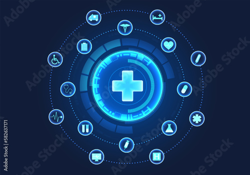 Medical technology circle There is a doctor's symbol in the center and a circle with payment innovations around it. Modern medicine provides patients with faster access to treatment behind the grid.