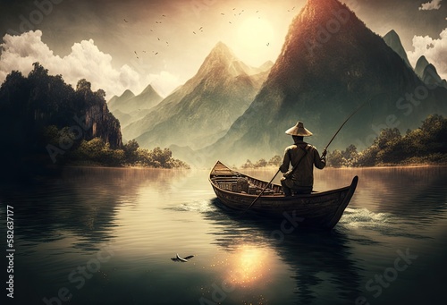 Illustration of fisherman in his boat surrounded by mountains. Generative Ai. © BalanceFormAI