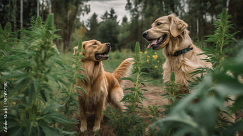 Dog sniffing cannabis leaf, in the outdoor farm, sniffs a leaf of Marujuana. Trained dog looking for drugs , Generative AI Technology © Akarat Phasura