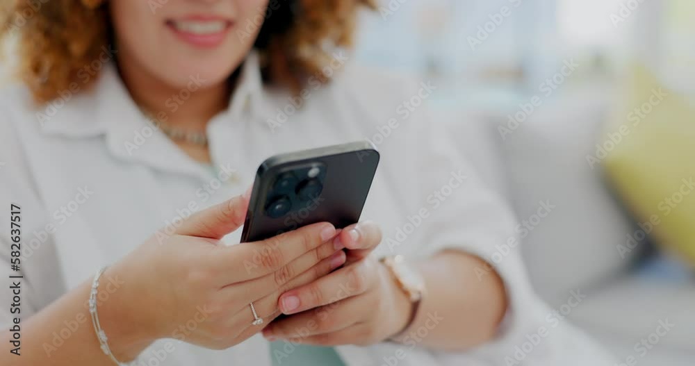 Woman, phone and hands typing in social media, communication or chatting on living room sofa at home. Hand of happy female texting on mobile smartphone app for browsing, email or searching on couch Woman, phone and hands typing in social media, communication or chatting on living room sofa at home. Hand of happy female texting on mobile smartphone app for browsing, email or searching on couch