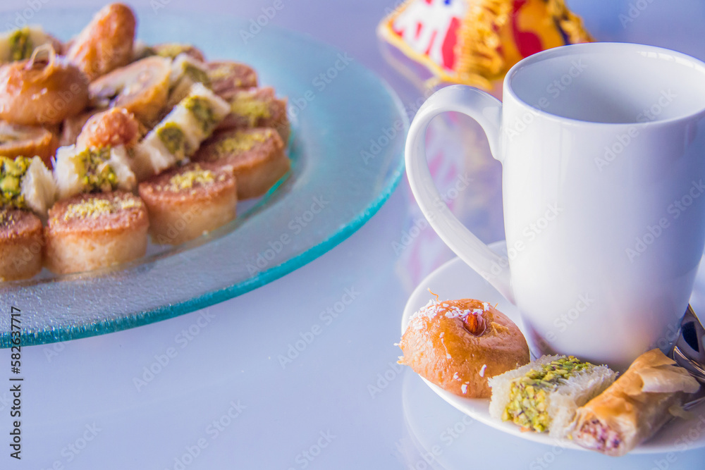 Fototapeta premium Ramadan Oriental dessert food photography, Photo is selective focus with shallow depth of field. Taken at Cairo Egypt