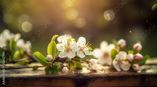 Immerse yourself in the beauty of ai-generated springtime with this stunning photograph of blossoms on a wooden table in a lush green garden. 