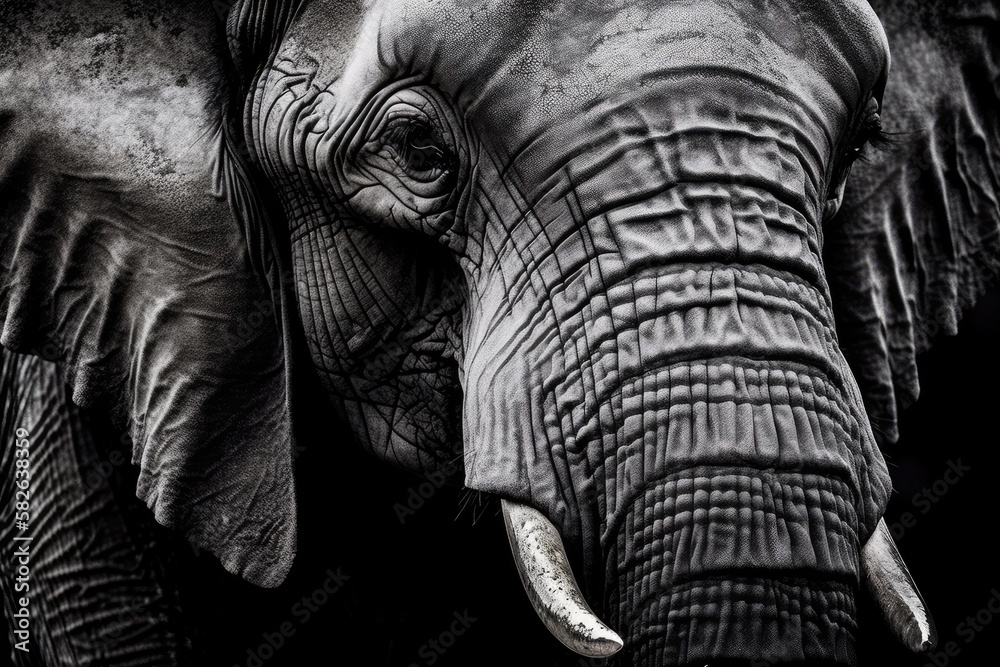 Fototapeta premium Close up black and white elephant portrait, solitary elephant portrait. Generative AI