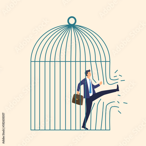 Man employee break the giant cage in flat design. Tired and unhappy company worker step out of comfort zone. Freedom need.