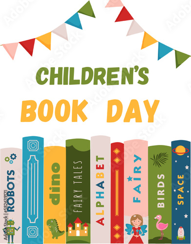 Children's book day poster for advertising. Vertical poster for kids book day with different books for children. Advertising template for bookstore,bookshop, library.