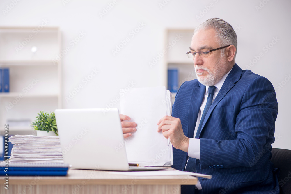 Old male employee working in the office Old male employee working in the office