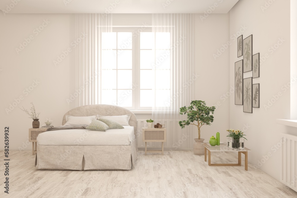 Fototapeta premium White lbedroom concept. Scandinavian interior design. 3D illustration