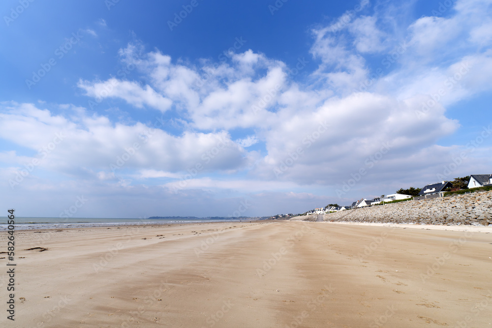 Beach and riprap of Saint-Pair-sur-Mer village in Cotentin coast