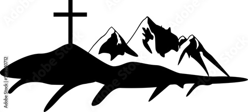 Illustration einer Berglandschaft mit Kreuz