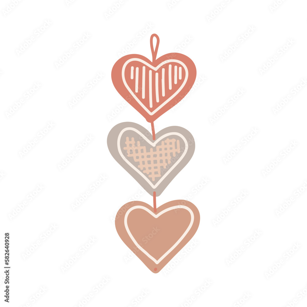 Three hearts on rope. Cute nursery vector art decoration.