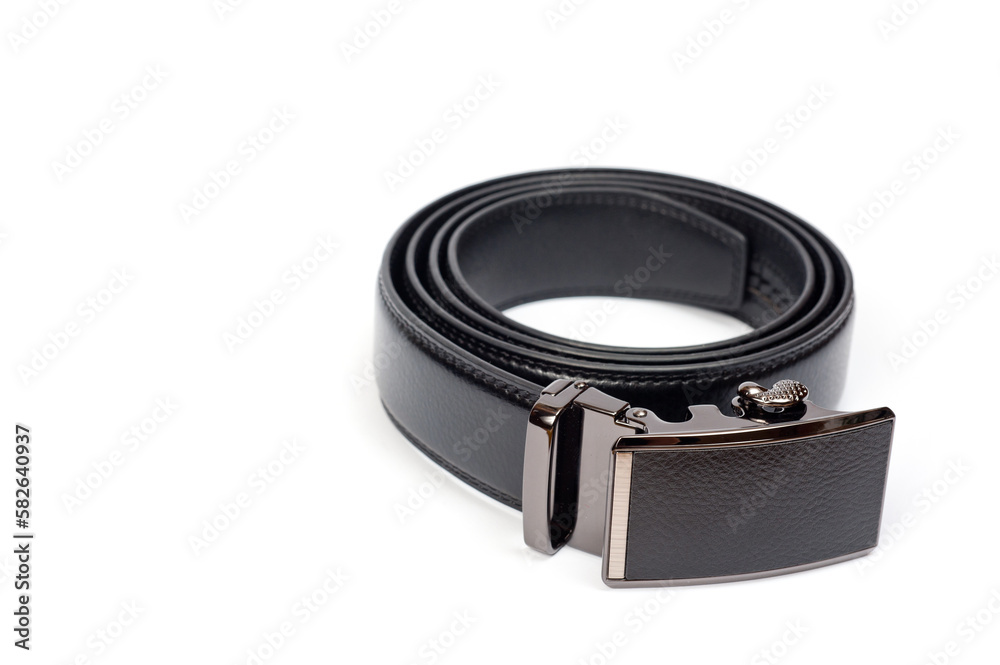 Men's black leather trouser belt with metal clasp. Men's black leather trouser belt with metal clasp.