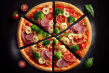 Pizza with chicken meat, cheese, bell pepper, mushrooms. Generative Ai