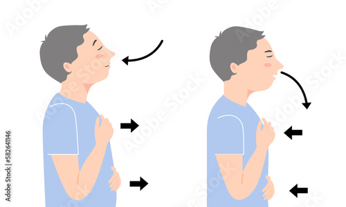 Two boy standing and do breathing exercise for stress Relief, flat vector illustration.