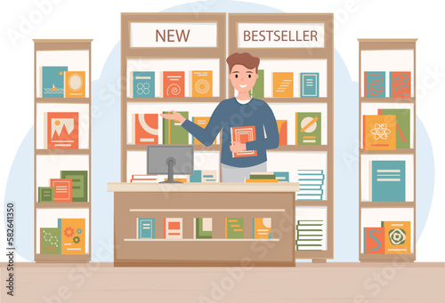 Salesman, shop assistant in bookstore. Seller at the counter of book shop. Bookcases with new books. Iinterior of bookstore. Vector illustration.