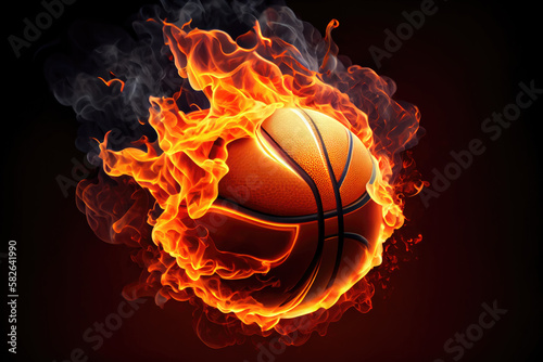 Burning basketball with heat flame on the black background, fire ball. Generative AI © BussarinK