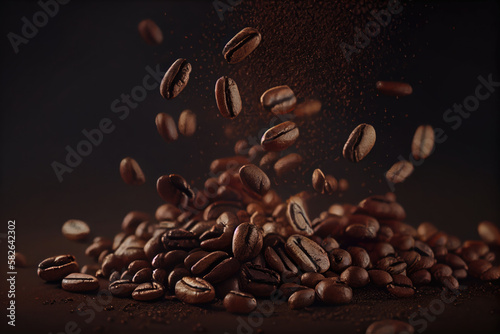 Closeup coffee beans floating in dark background. Generative AI