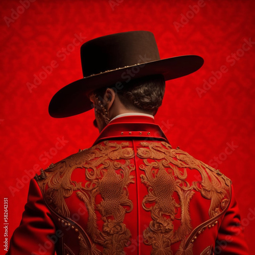 Back view of a bullfighter on a red background. Generative AI.