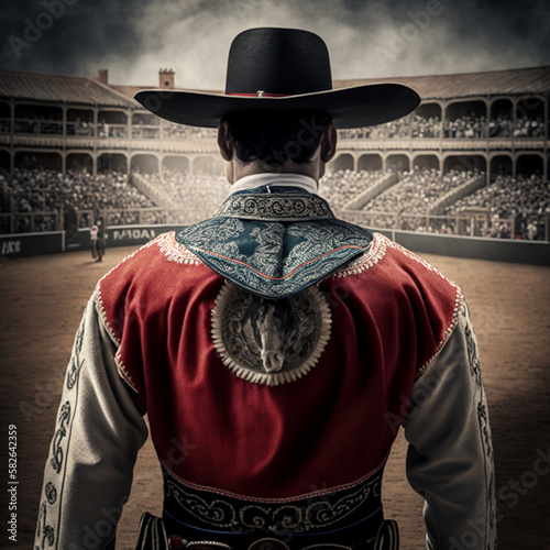 Back view of a bullfighter in the bullring. Generative AI.