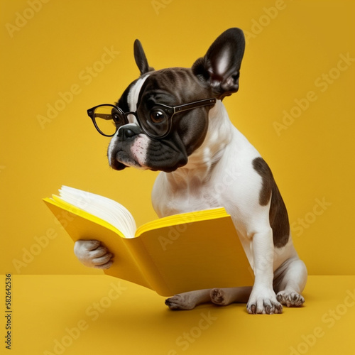 Dog reading a book. Generative AI.