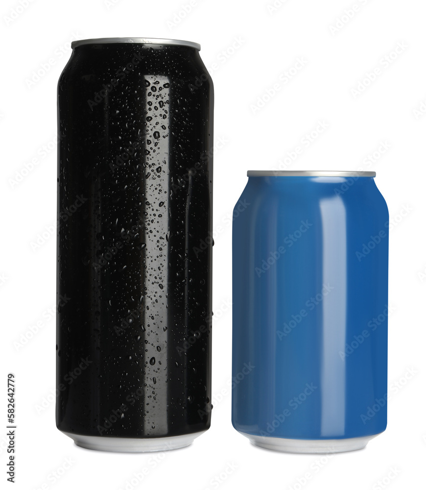 Aluminum cans with drinks on white background