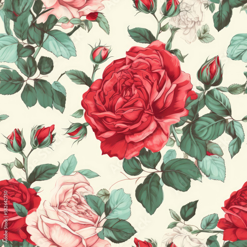 Seamless pattern with red roses, vintage florals concept. Generative AI