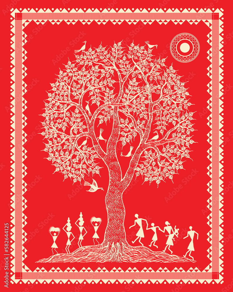 Indian warli painting. Modern Paintings, Wallpaper illustration Vector