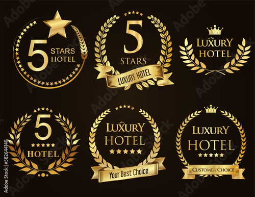 Golden laurel wreath set five stars hotel badges collection 