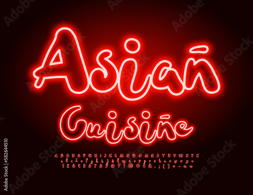 Vector neon poster Asian Cuisine.  Glowing handwritten Font. Bright Electric Alphabet Letters and Numbers set
