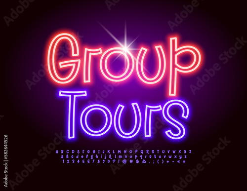 Vector glowing Banner Group Tours. Funny handwritten Font. Playful style set of Alphabet Letters and Numbers