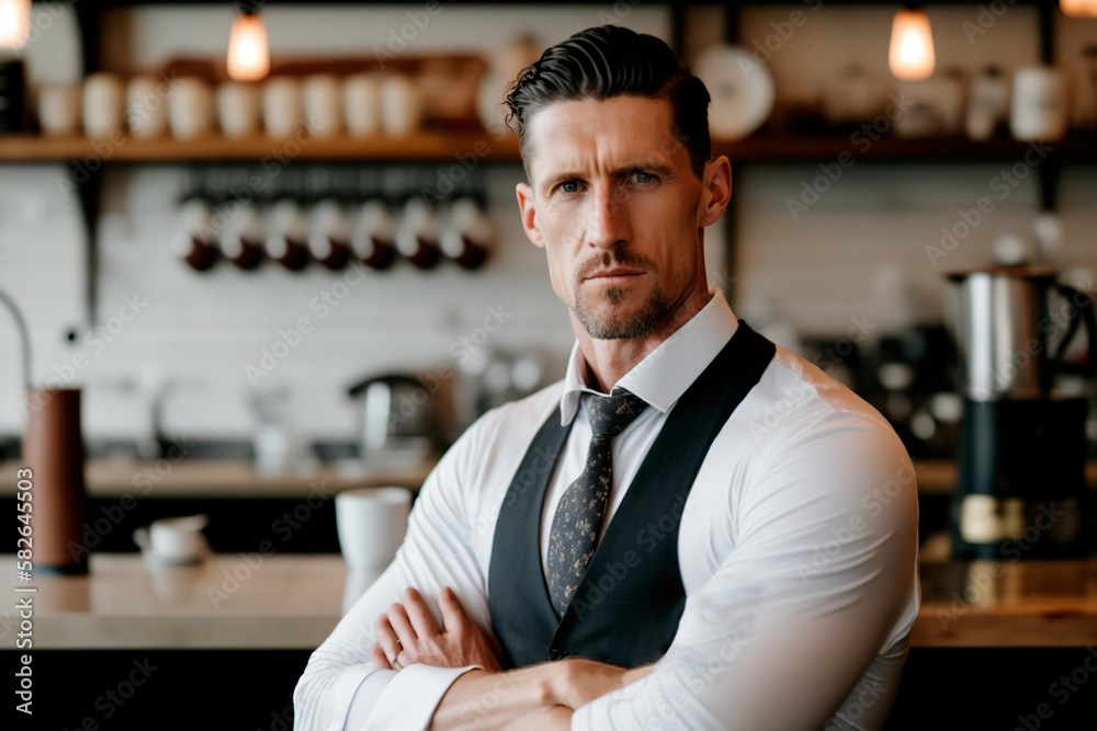 Fototapeta premium Waiter posing in a bar. In front of the cafe-bar. generate by ai
