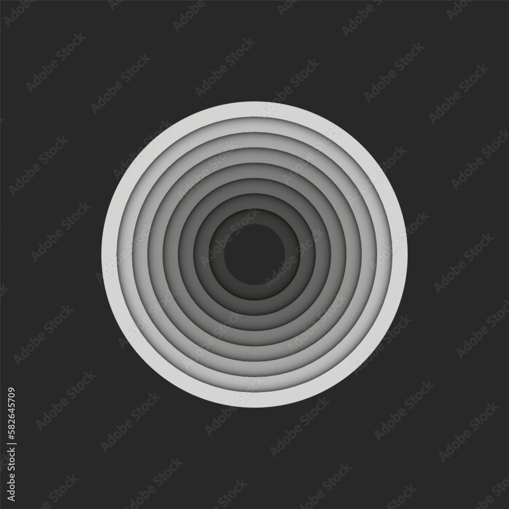 Fototapeta premium Letter O logo or circles shape, gray parallel stripes multilevel cascade circular geometric pattern, 3d paper cut material design element.