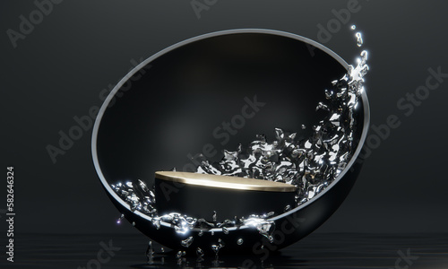 black podium and water splashing on white background.3D rendering