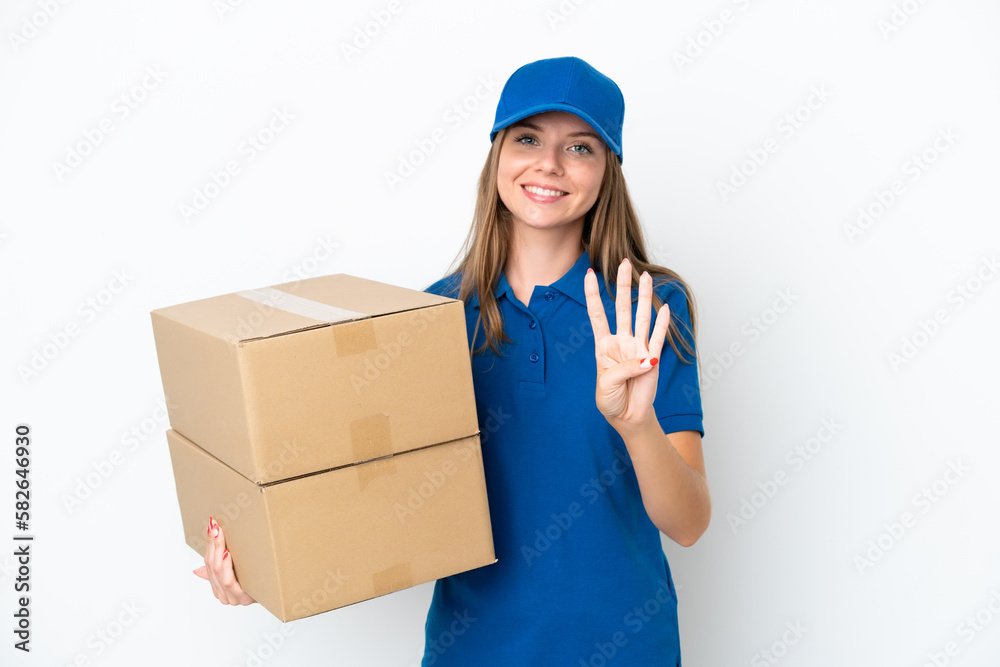 Delivery Lithuanian woman isolated on white background happy and counting four with fingers Delivery Lithuanian woman isolated on white background happy and counting four with fingers