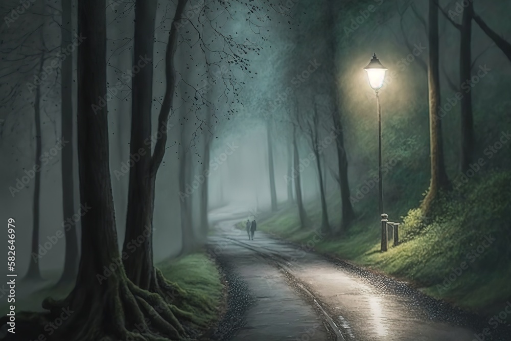A path heading to a street light glowing in a foggy forest