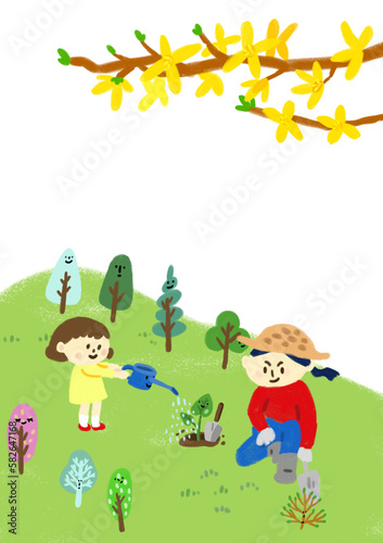 Fototapeta Naklejka Na Ścianę i Meble -  family planting in the park in spring