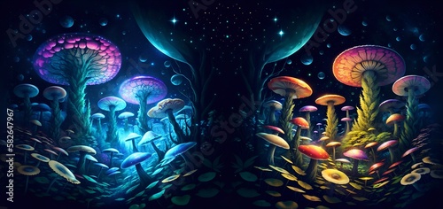 Photo of a mushroom-filled forest painting