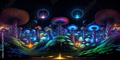 Photo of a painting depicting a magical forest with mushrooms under a starry night sky