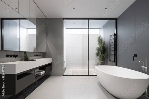 modern  minimalist master bathroom. The color palette should include shades of white  grey  and black  and the design should incorporate elements like a freestanding tub - Generative AI
