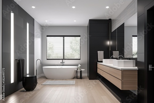 modern  minimalist master bathroom. The color palette should include shades of white  grey  and black  and the design should incorporate elements like a freestanding tub - Generative AI