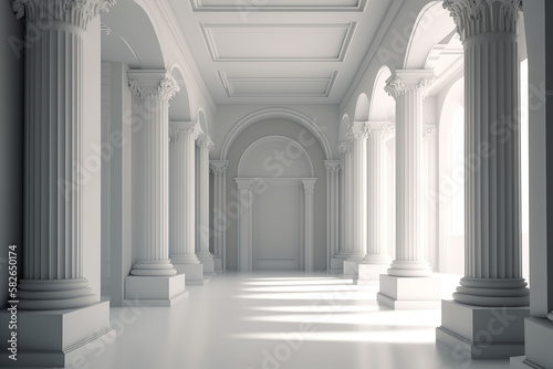 White empty hall with columns. Minimalistic interior space in a classic style, indoors. creative generative ai
