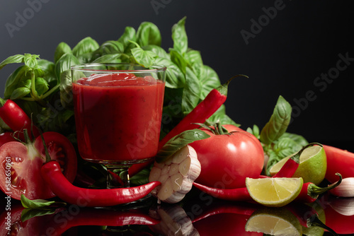 Spicy tomato sauce with ingredients.