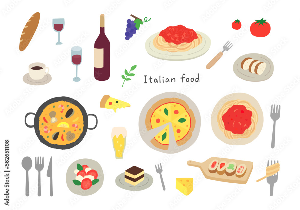 イタリアン料理の手描きイラストセット（カラー/輪郭線なし）