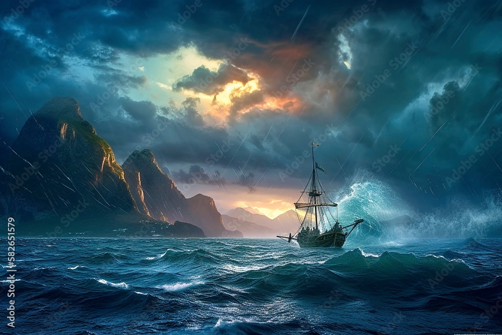 Majestic stormy seascape with a boat navigating through lightning, Generative AI