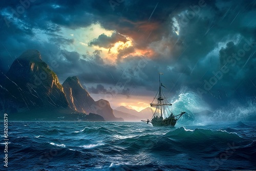 Majestic stormy seascape with a boat navigating through lightning, Generative AI