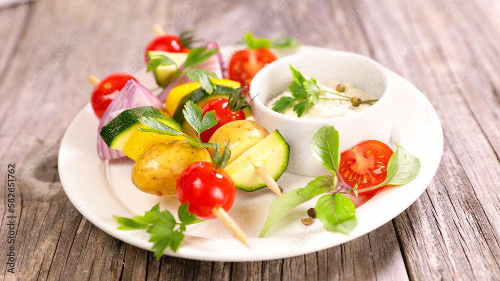 vegetables grilled skewer and dipping sauce vegetables grilled skewer and dipping sauce