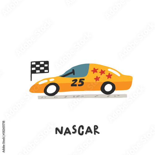 Nascar. Racing car. Hand drawn illustration in cartoon style. Transport toys. Cute concept for children's print. Illustration for the design postcard, textiles, apparel